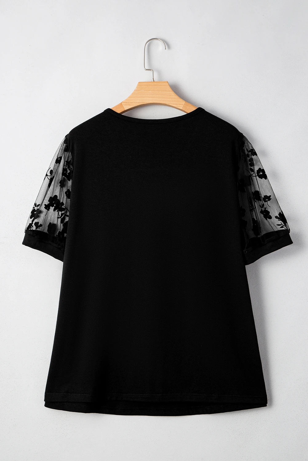Black Floral Mesh Patchwork Loose V Neck Plus Size T Shirt