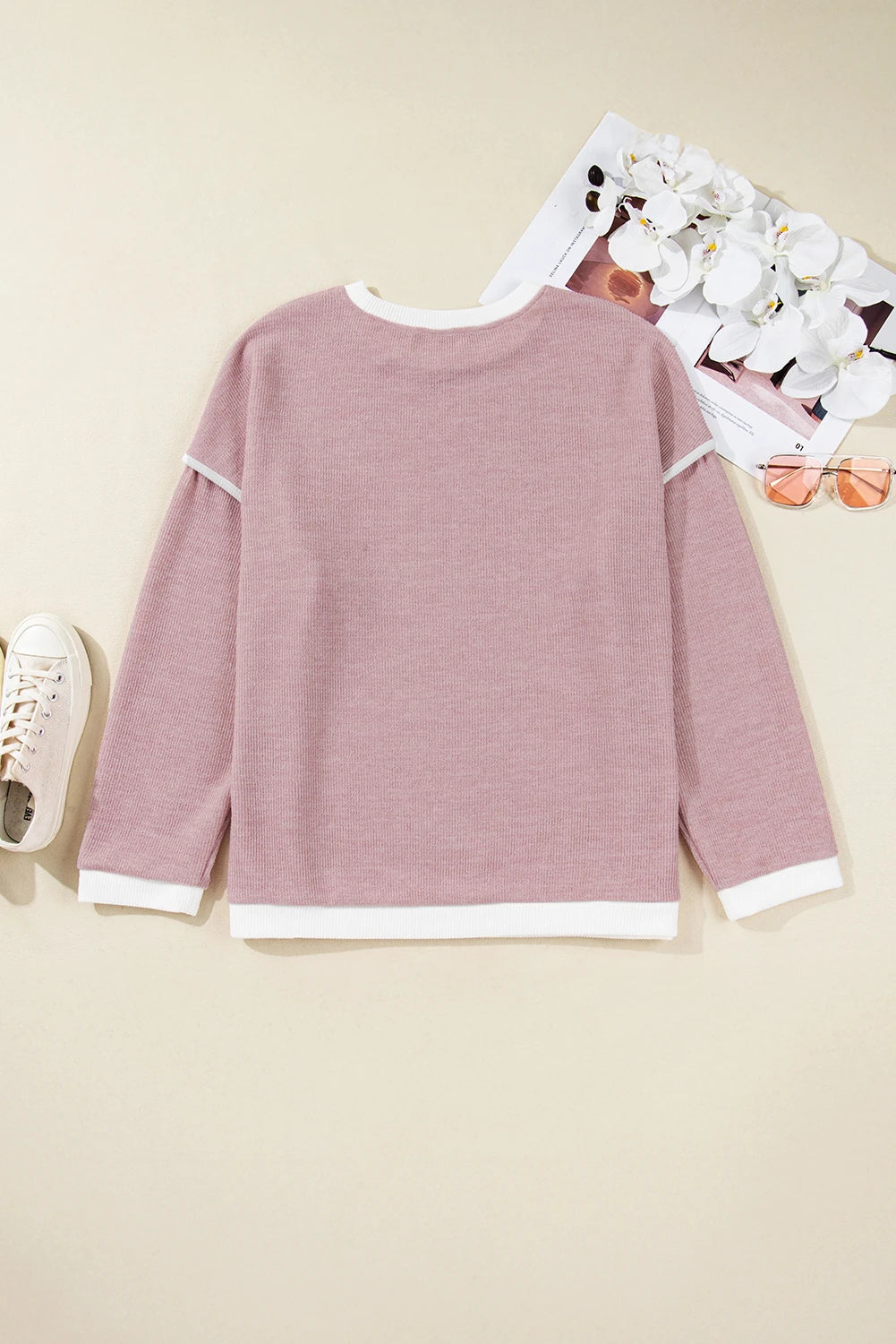 Light Pink Contrast Trim Knitted Drop Shoulder Plus Size Top