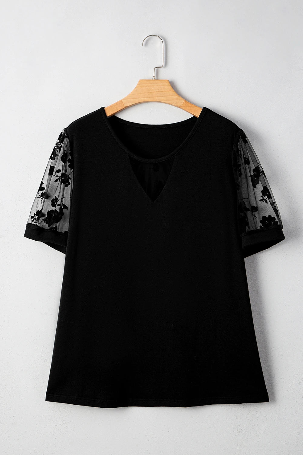 Black Floral Mesh Patchwork Loose V Neck Plus Size T Shirt