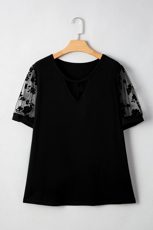 Black Floral Mesh Patchwork Loose V Neck Plus Size T Shirt