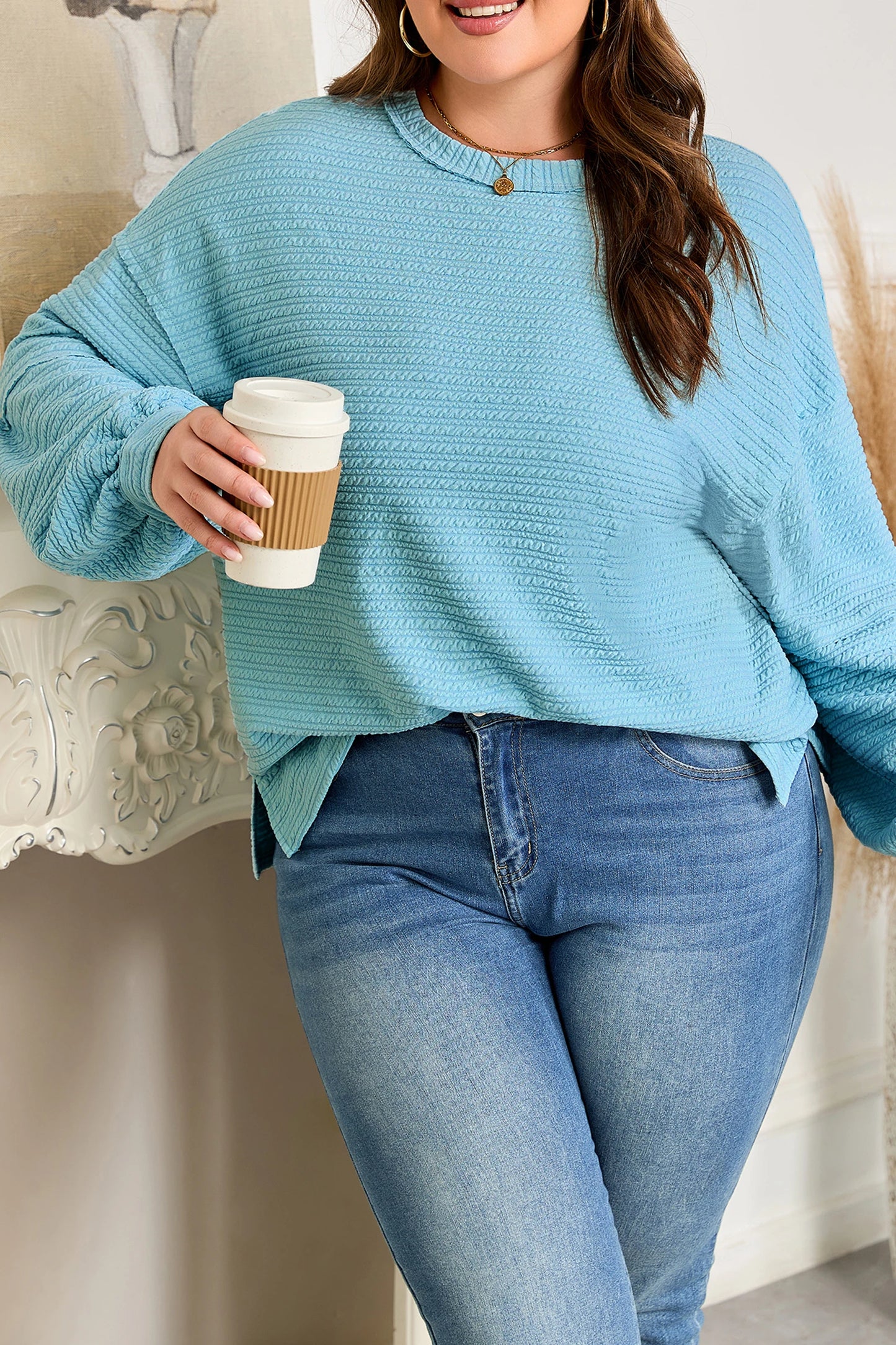 Light Blue Textured Drop Shoulder Plus Size Knit Top