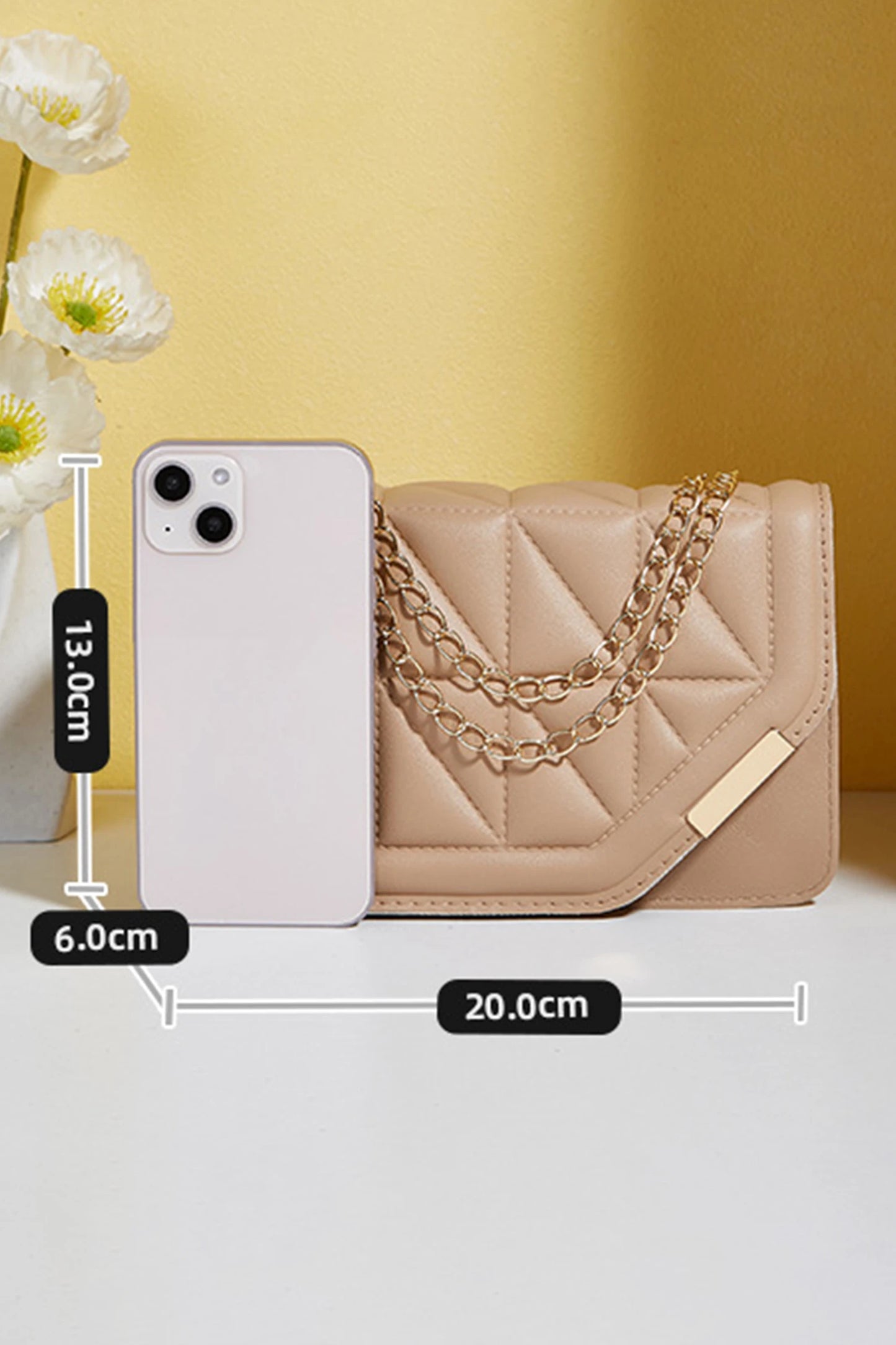 Khaki PU Leather Quilted Texture Asymmetric Cover Chain Strap Square Shoulder Bag