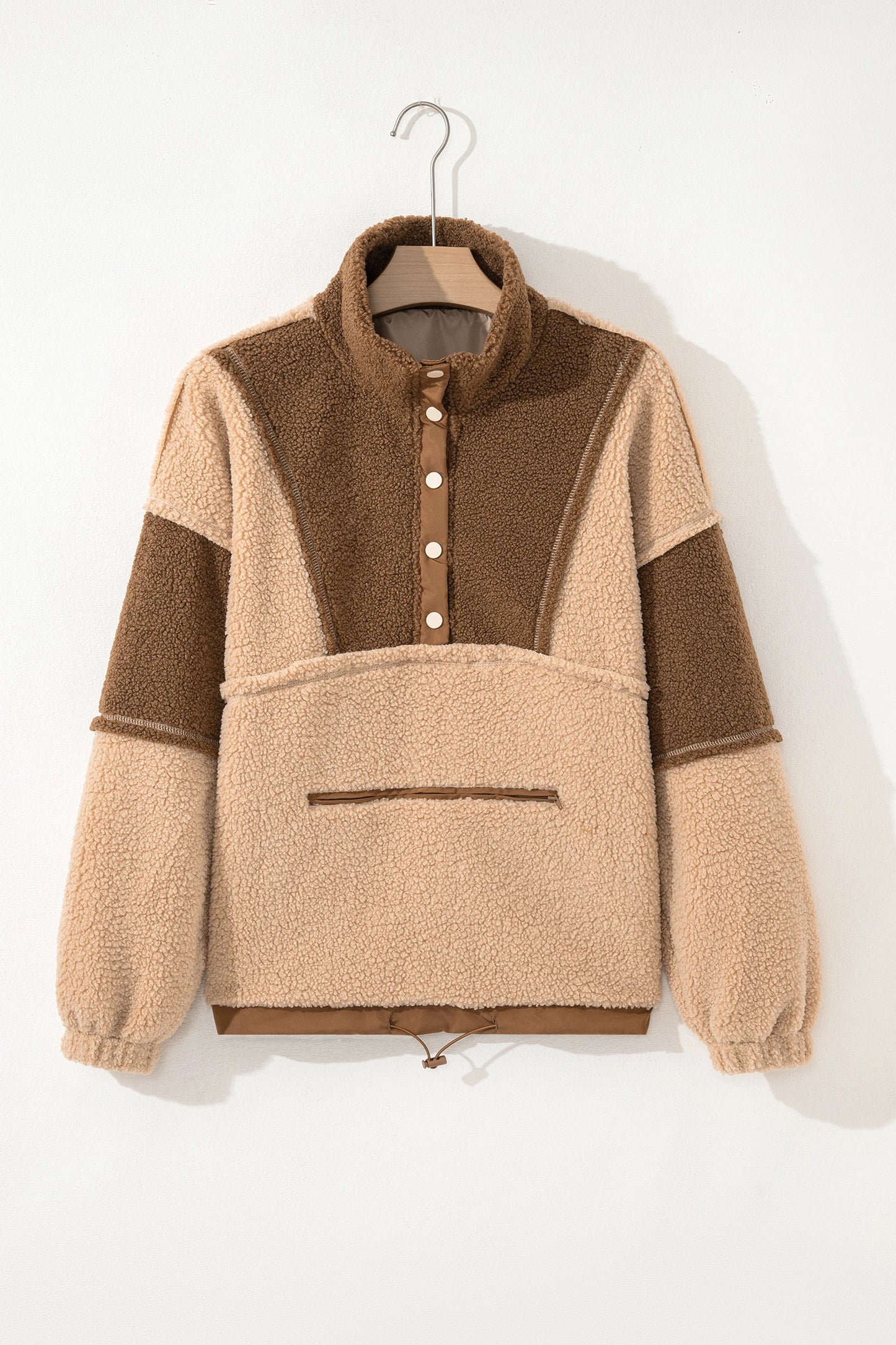 Straw Yellow 2-tone Color Block Patchwork Half Button Sherpa Sweatshirt