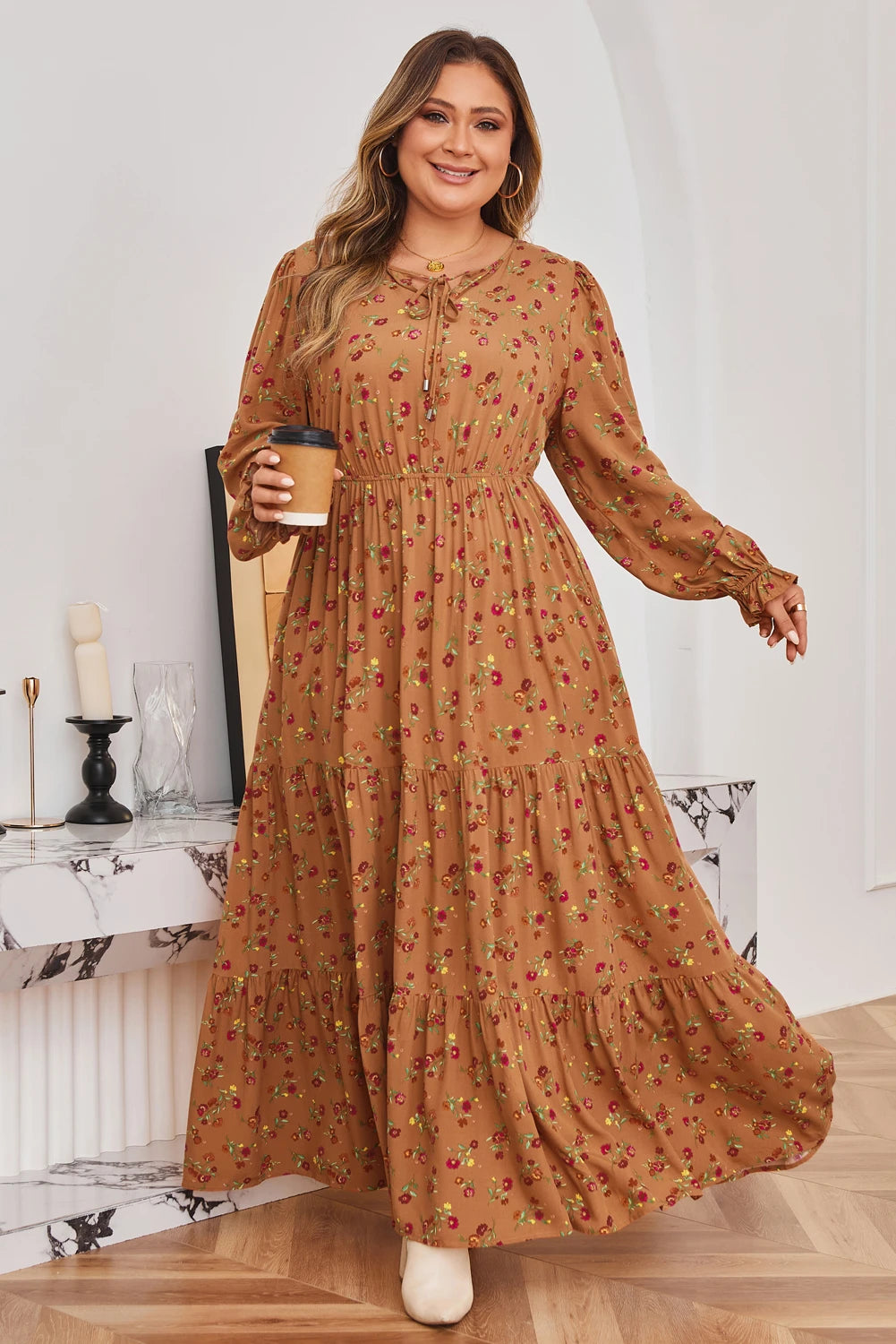 Brown Plus Size Floral Split V Neck Ruffled Sleeve Tiered Maxi Dress