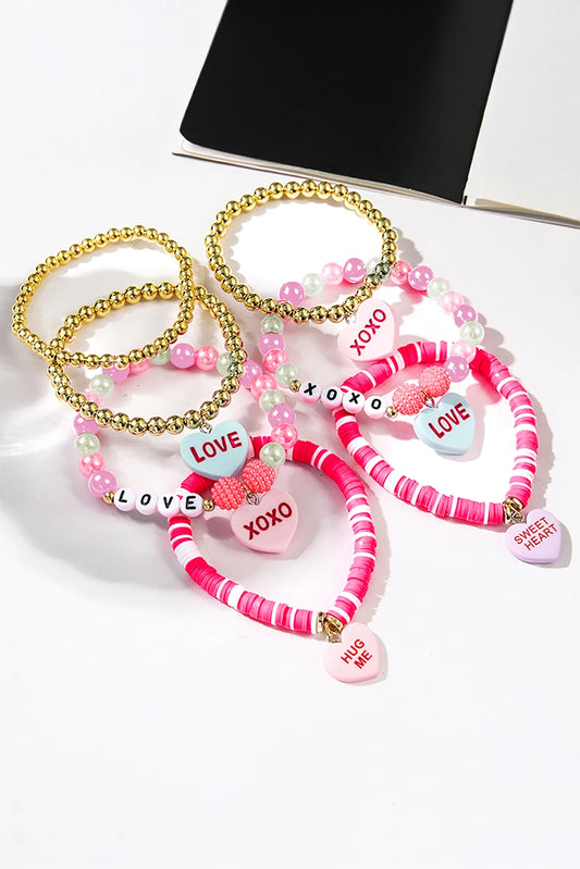 Bonbon Valentine Heart Pendant Beaded Elastic Bracelet Set