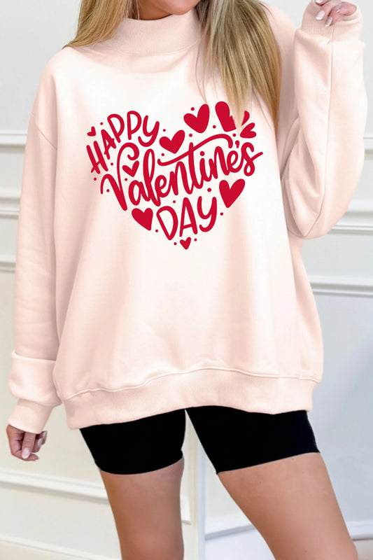 Apricot Pink HAPPY VALENTINES DAY Heart-shaped Graphic Mock Neck Sweatshirt