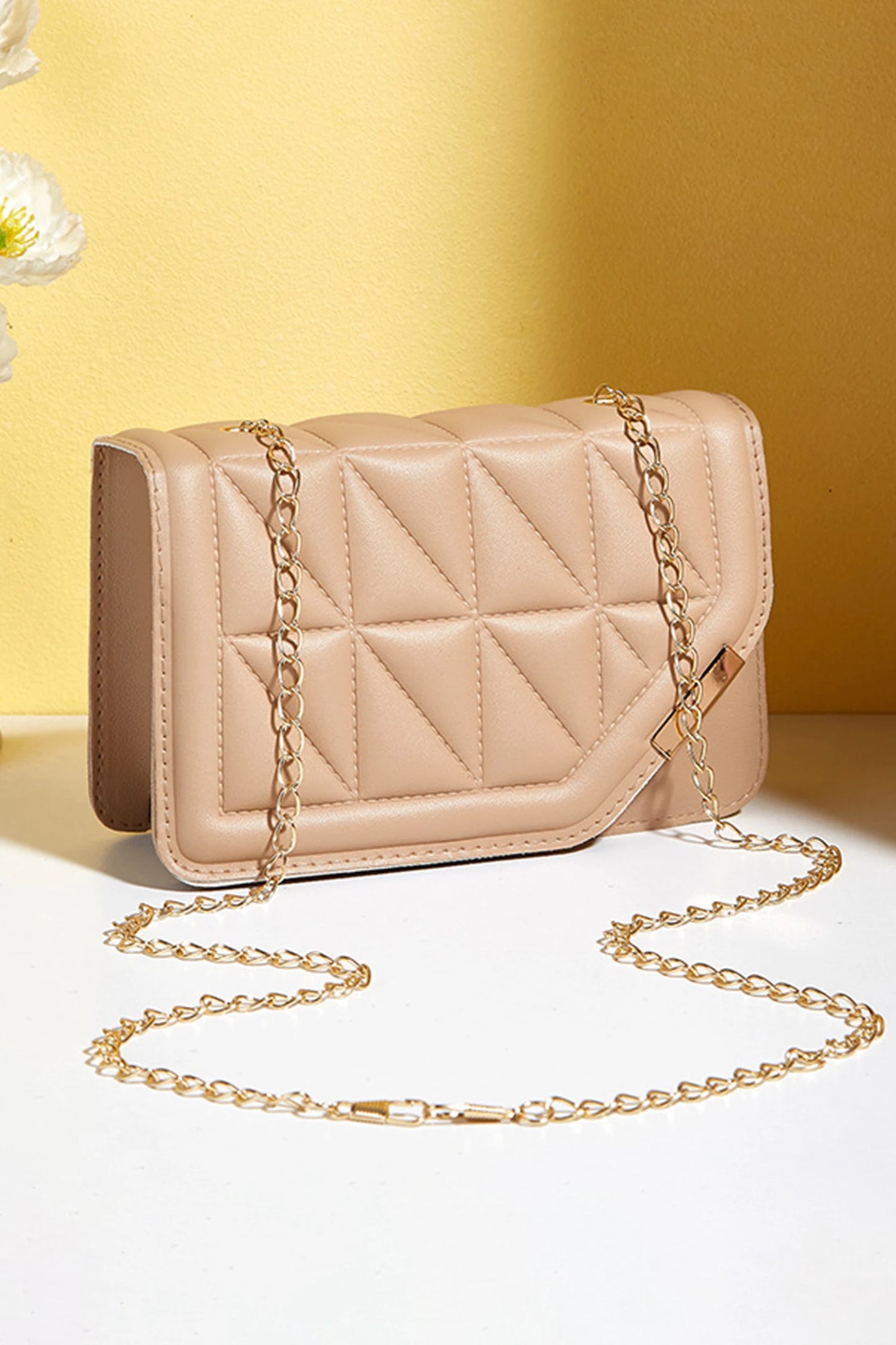 Khaki PU Leather Quilted Texture Asymmetric Cover Chain Strap Square Shoulder Bag