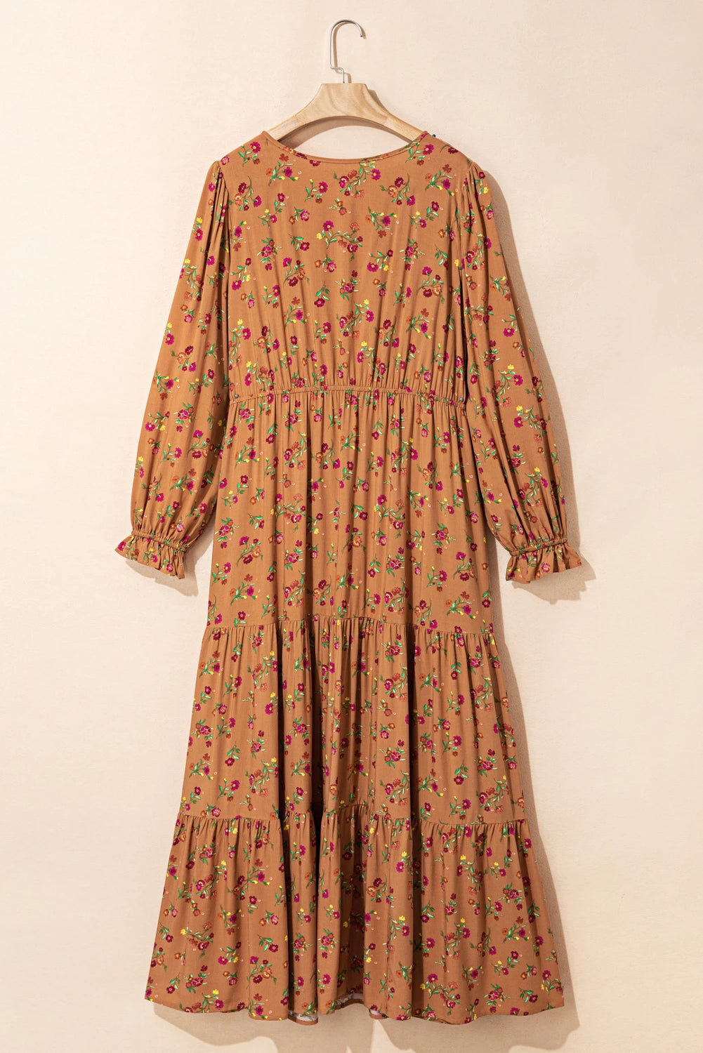 Brown Plus Size Floral Split V Neck Ruffled Sleeve Tiered Maxi Dress