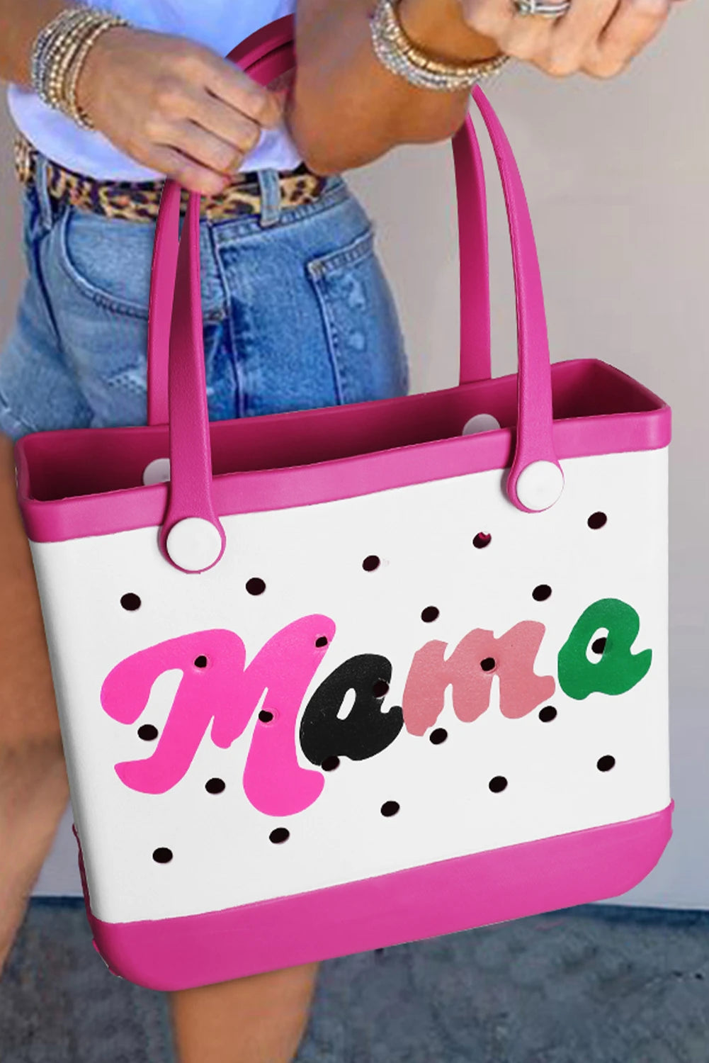 Rose Red mama Print Self-assembly Straps Hollowed EVA Beach Bag