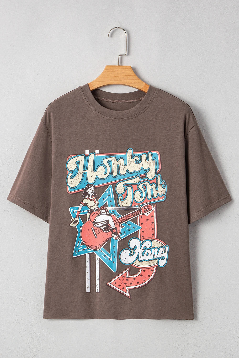 Chicory Coffee Honky Tonk Honey Graphic Crew Neck Western Fashion Tee