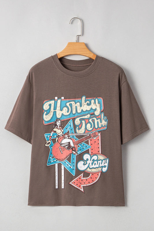 Chicory Coffee Honky Tonk Honey Graphic Crew Neck Western Fashion Tee