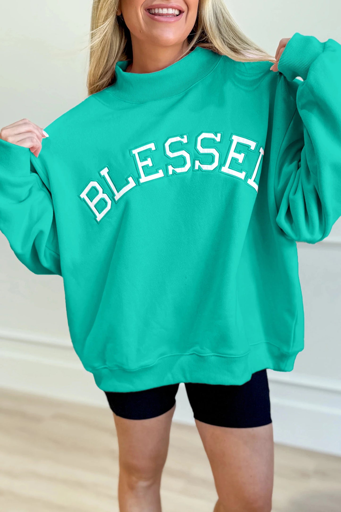 Sea Green Oversize Blessed Embroidered Mock Neck Sweatshirt