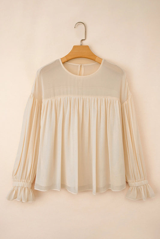 Parchment Pleated Ruffle Long Sleeve Chiffon Blouse