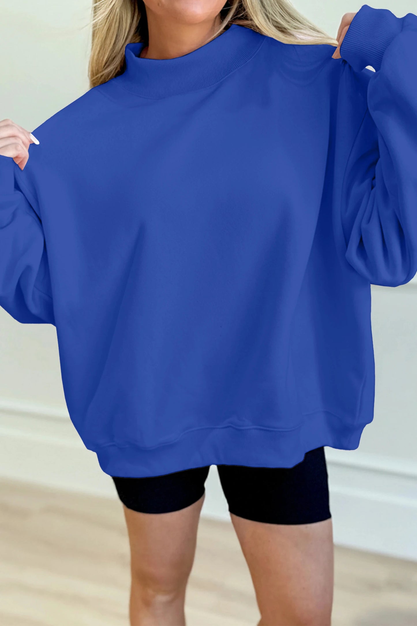 Dark Blue Solid Color Oversized Mock Neck Sweatshirt
