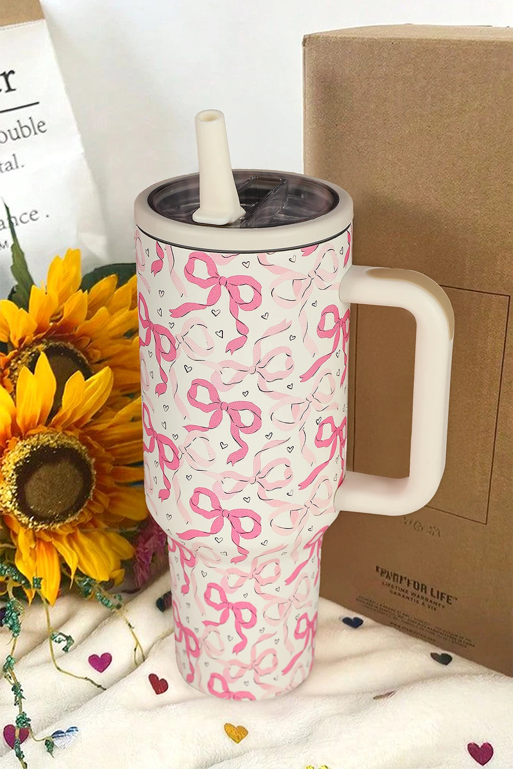 Bright Pink 40oz Cute Bow Print Tiny Heart Flip Straw Handled Vacuum Tumbler
