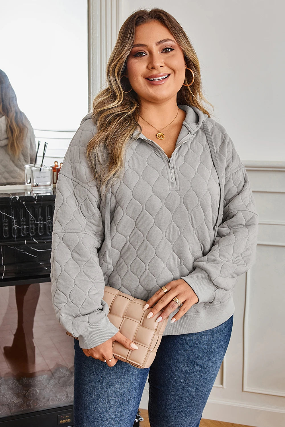Gray Quilted Quarter Zip Plus Size Hoodie