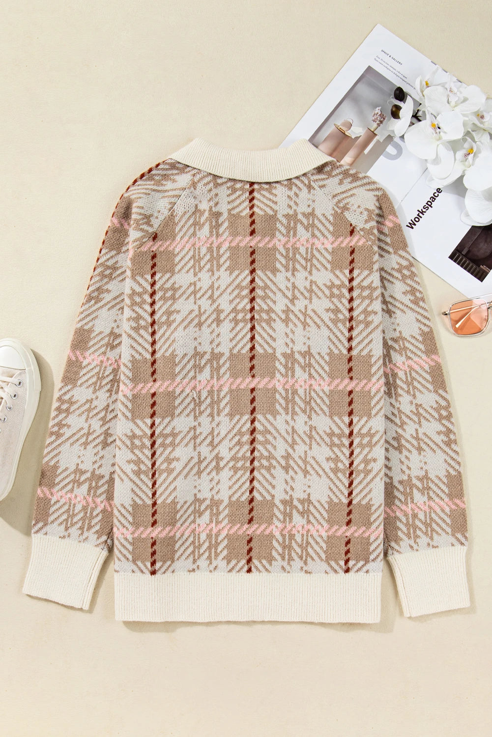 Khaki Vintage Pattern Ribbed Trim Button Front Plus Size Cardigan Sweater