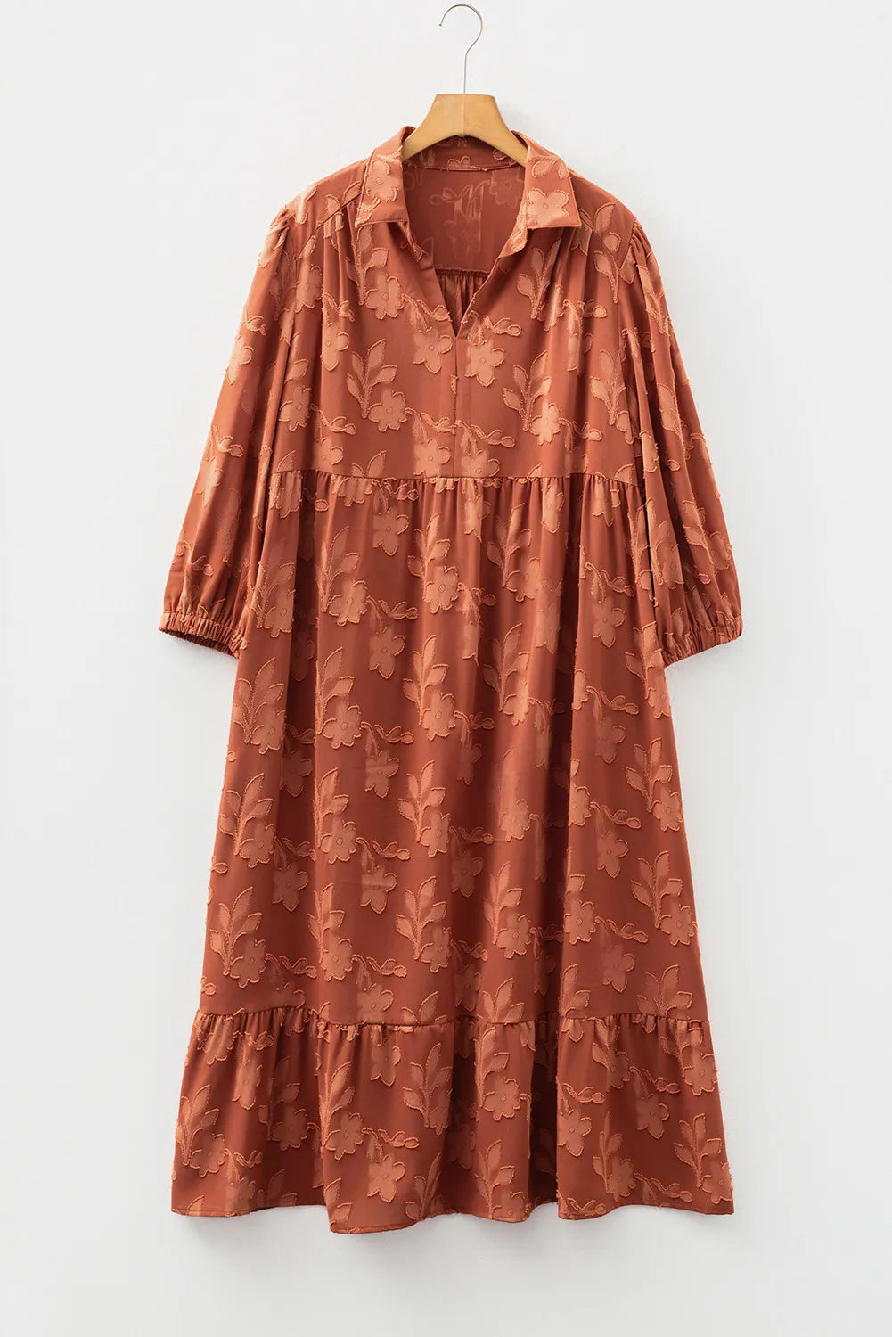 Cinnamon Plus Size Textured 3D Flower Pattern Ruffle Hem 3/4 Sleeve Long Dress