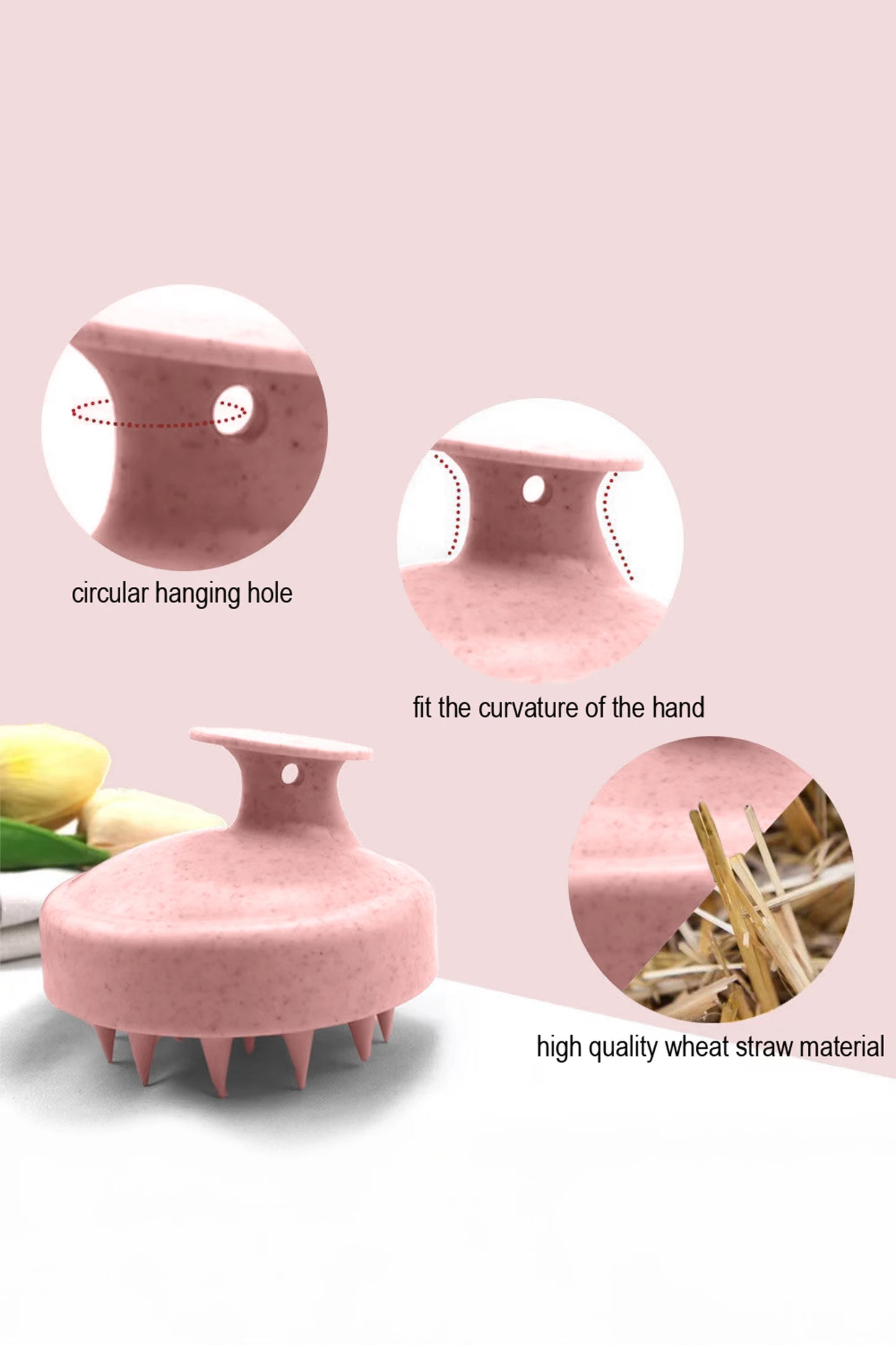 Gossamer Pink Wheat Straw Silicone Scalp Scrubber Shampoo Brush
