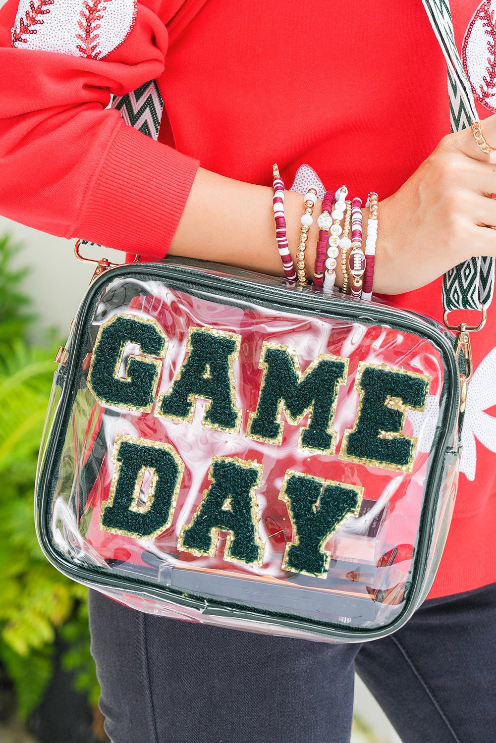 Blackish Green GAME DAY Chenille Embroidered Clear PVC Shoulder Bag