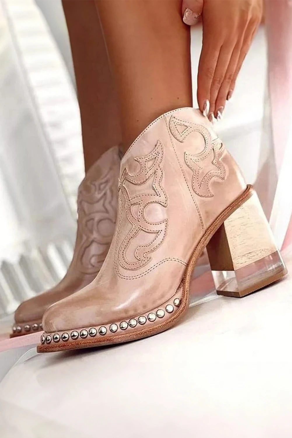 Light French Beige Western Embroidered PU Leather Studded Detail High Heel Ankle Boots