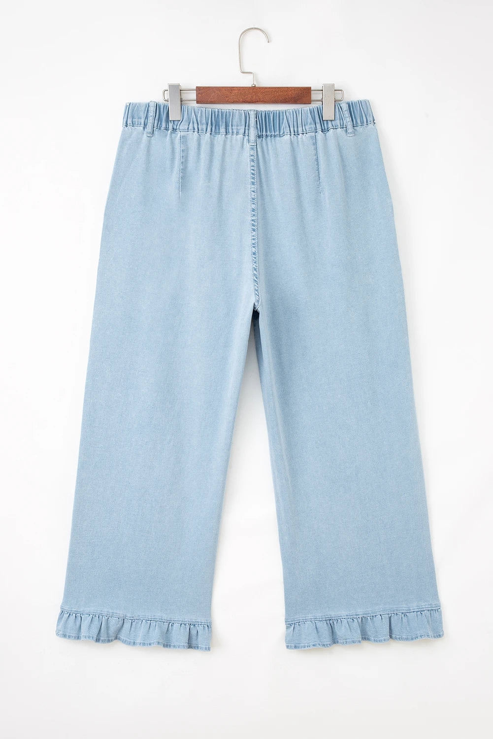 Beau Blue Plus Size Elastic Waist Ruffled Wide Leg Denim Pants