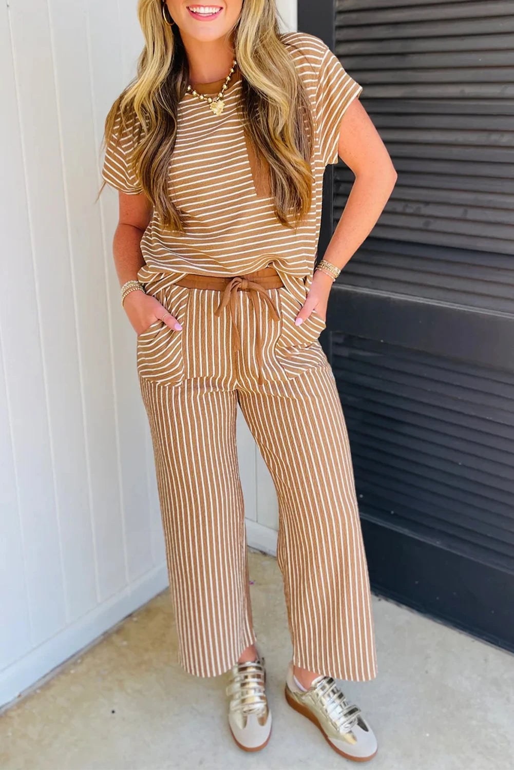 Khaki Stripe Crew Neck Tee Drawstring Waist Cropped Pants Set