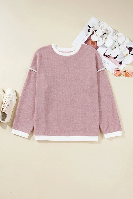 Light Pink Contrast Trim Knitted Drop Shoulder Plus Size Top