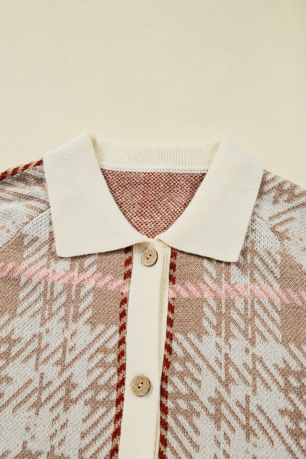 Khaki Vintage Pattern Ribbed Trim Button Front Plus Size Cardigan Sweater