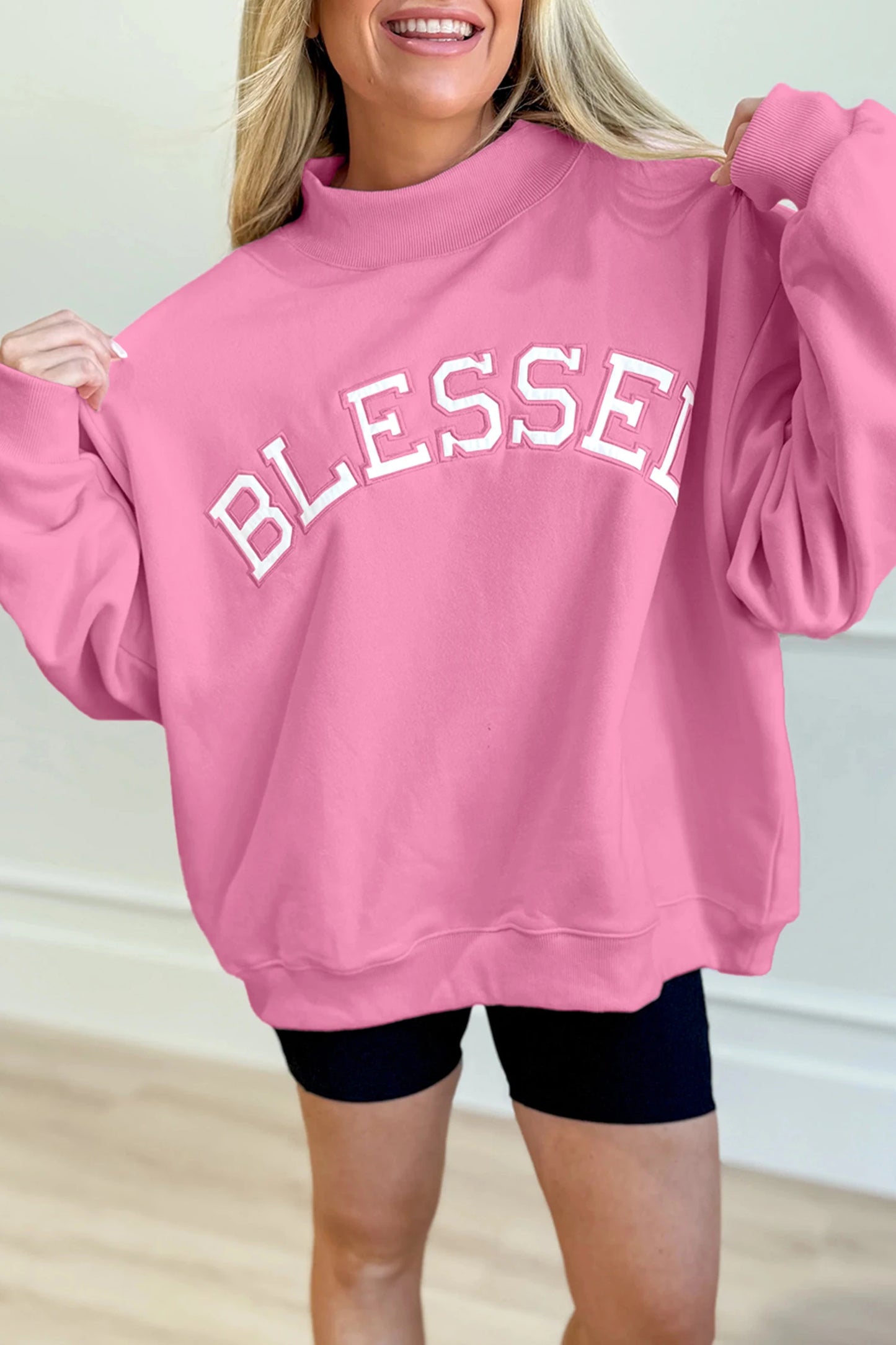 Bright Pink Oversize Blessed Embroidered Mock Neck Sweatshirt
