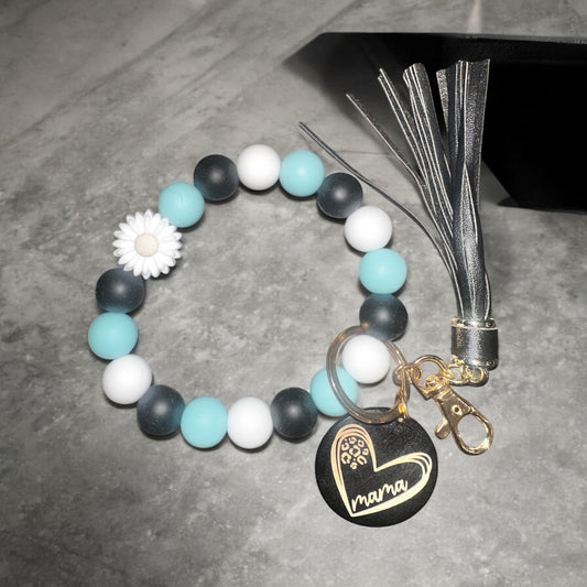 Black/Teal/White Sunflower MAMA Tassle Wristlet