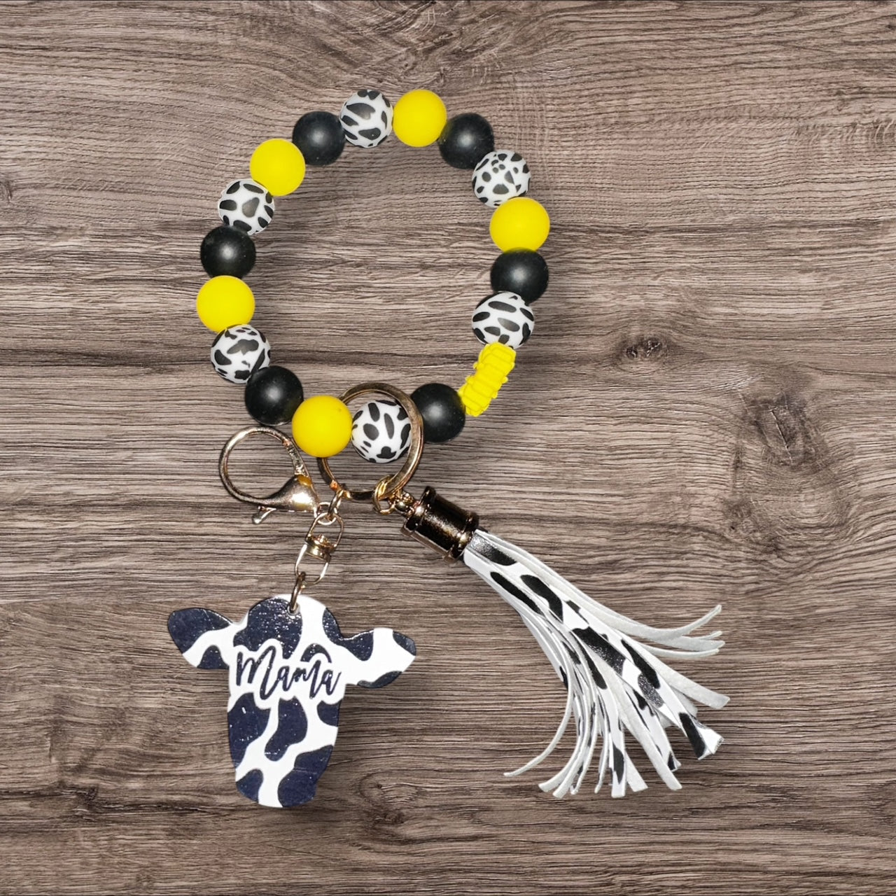 Yellow/Black/Cow Print MAMA Tassle wristlet