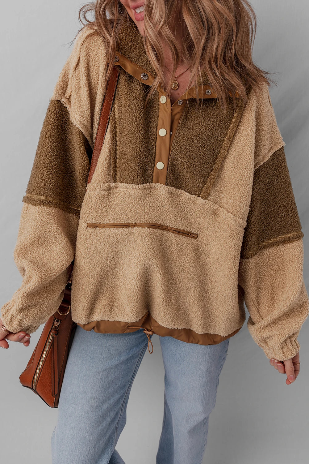 Straw Yellow 2-tone Color Block Patchwork Half Button Sherpa Sweatshirt