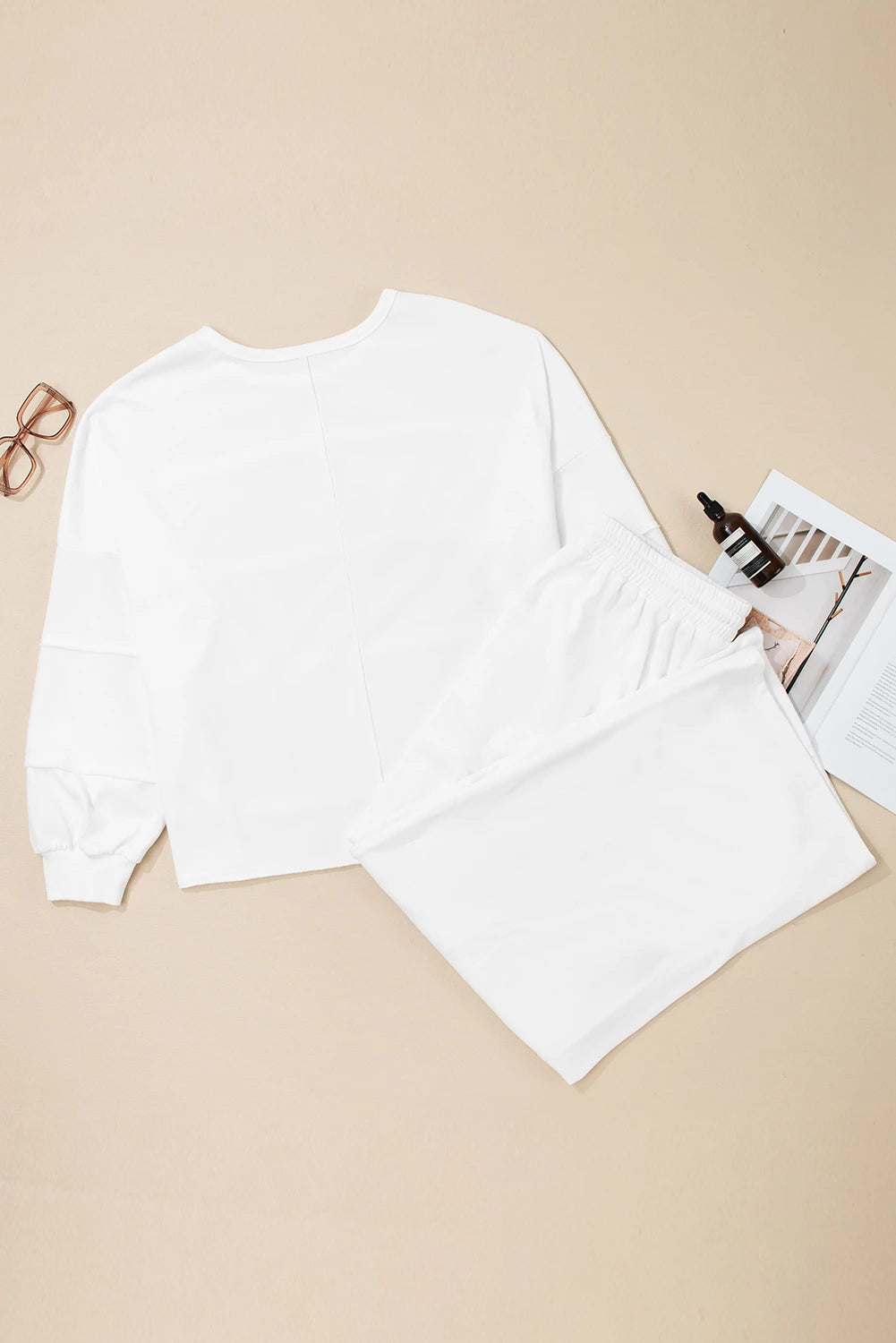 White Textured Raw Seam Plus Size Pullover Top and Drawstring Pants Set