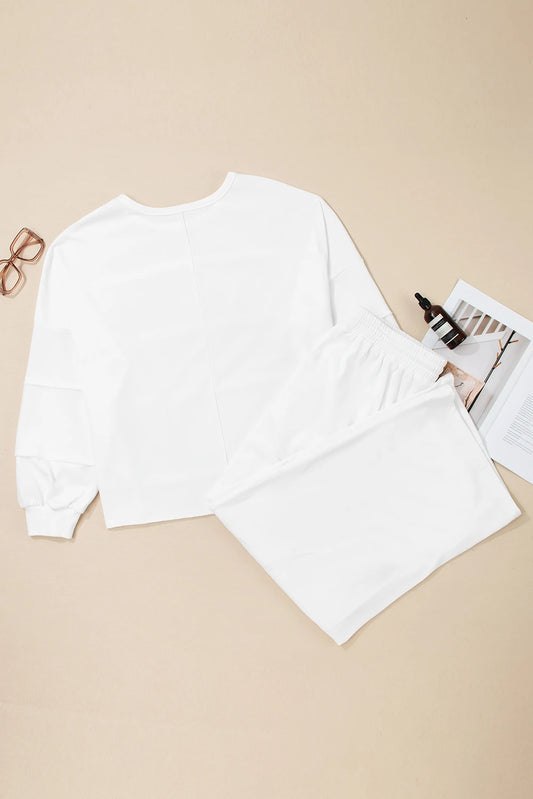 White Textured Raw Seam Plus Size Pullover Top and Drawstring Pants Set
