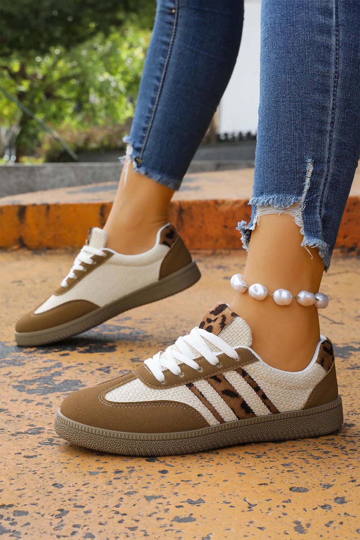 Coffee Color Block Leopard Patchwork Lace-up Flat Shoes