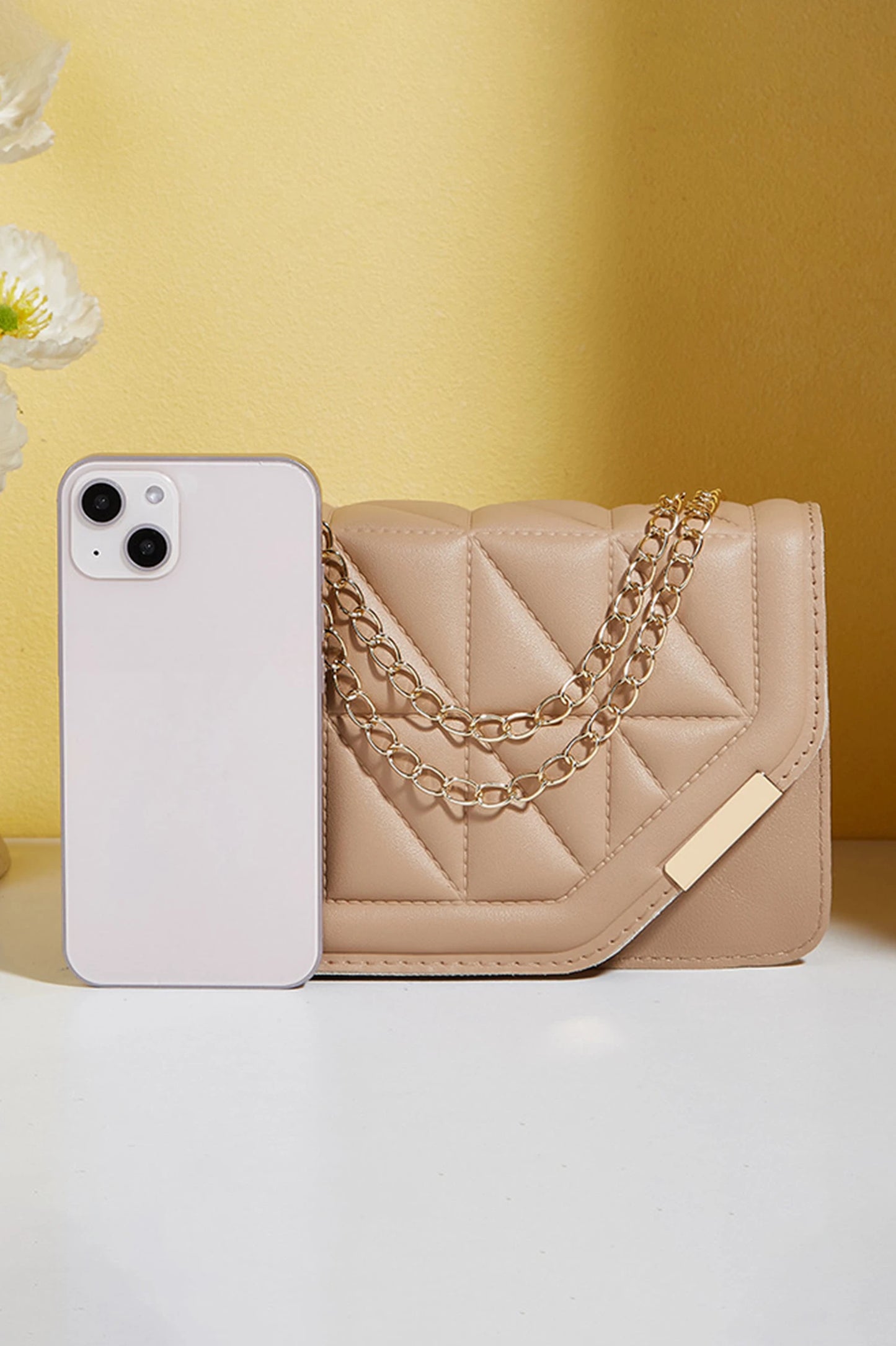 Khaki PU Leather Quilted Texture Asymmetric Cover Chain Strap Square Shoulder Bag