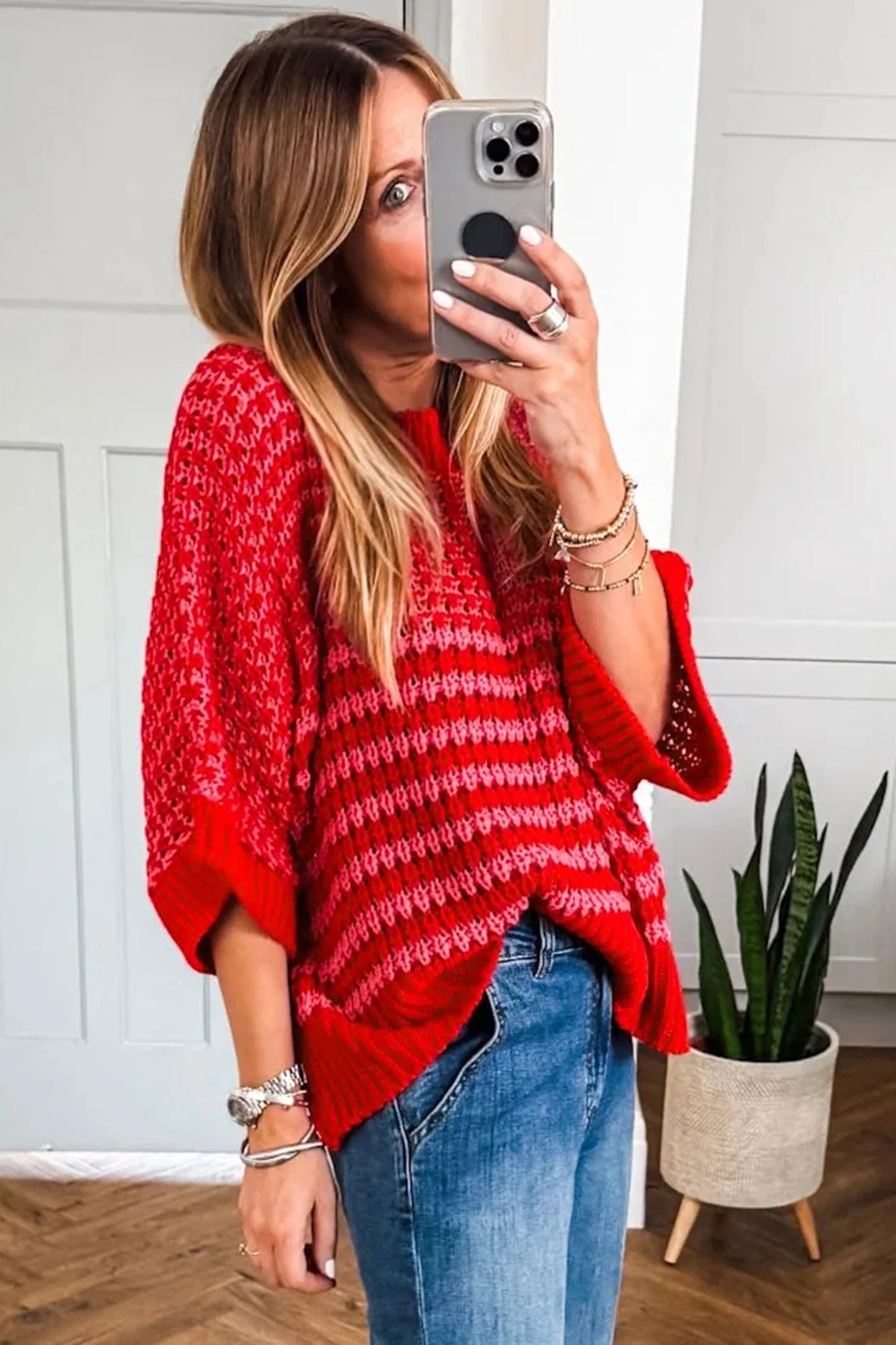 Red Stripe 3/4 Draped Sleeve Slouchy Sweater