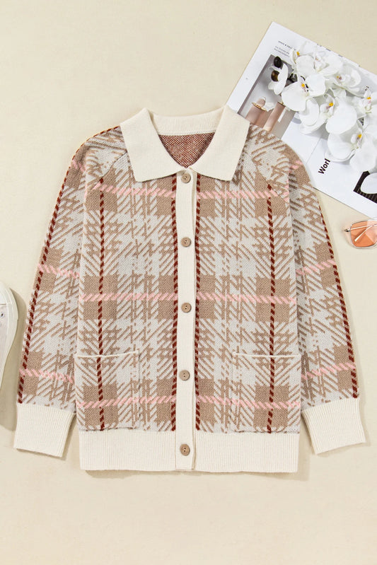 Khaki Vintage Pattern Ribbed Trim Button Front Plus Size Cardigan Sweater