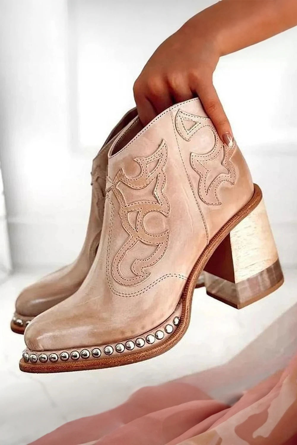 Light French Beige Western Embroidered PU Leather Studded Detail High Heel Ankle Boots
