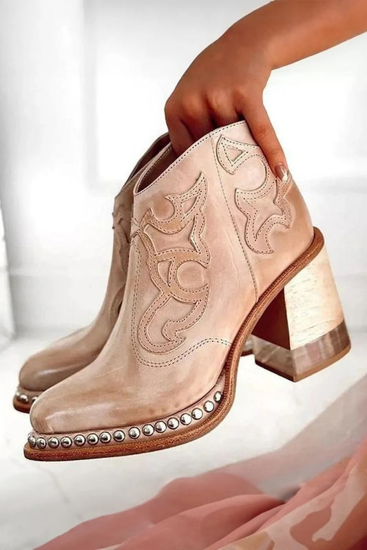 Light French Beige Western Embroidered PU Leather Studded Detail High Heel Ankle Boots
