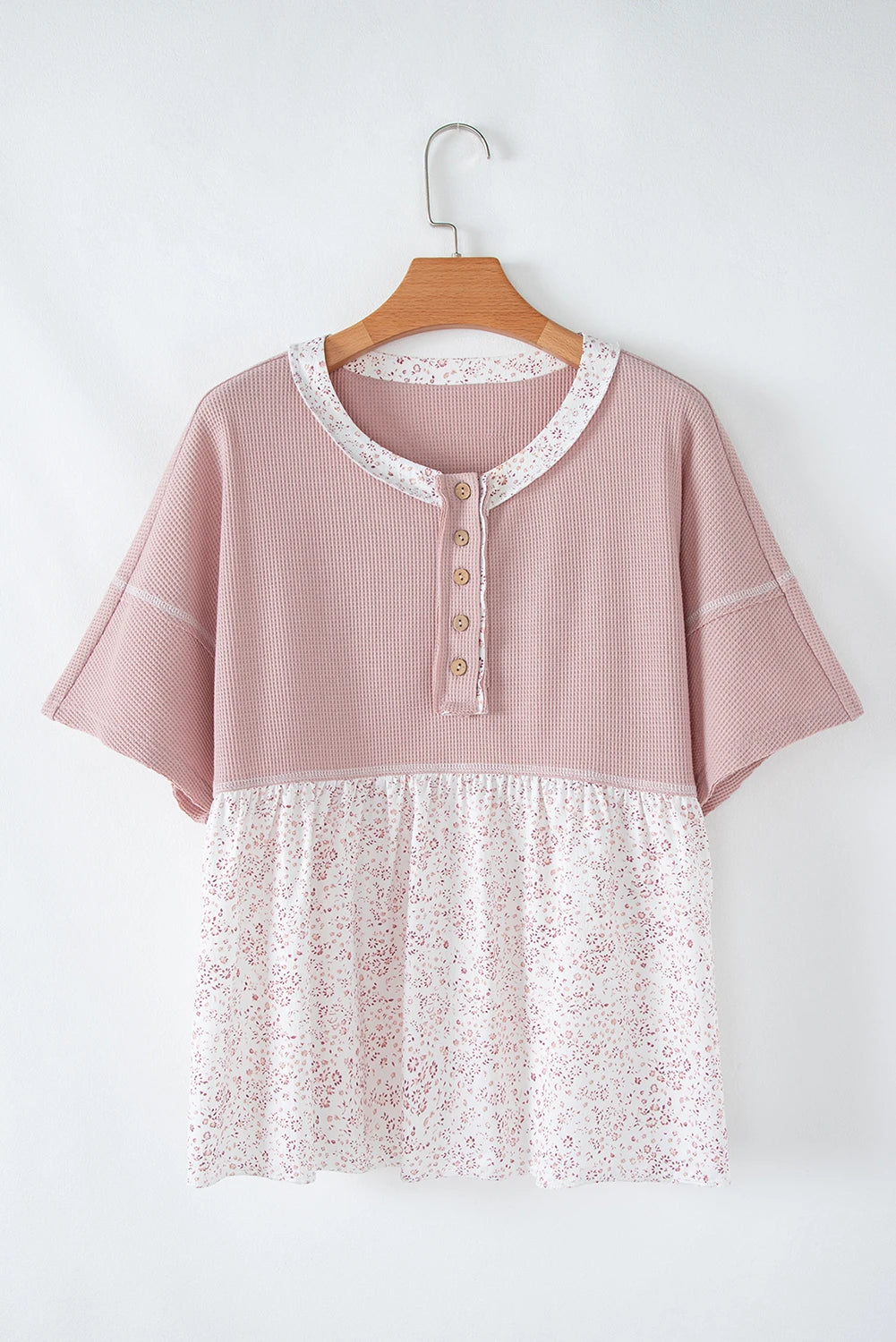 Pink Waffle Floral Patchwork Exposed Seam Detail Short Sleeve Top
