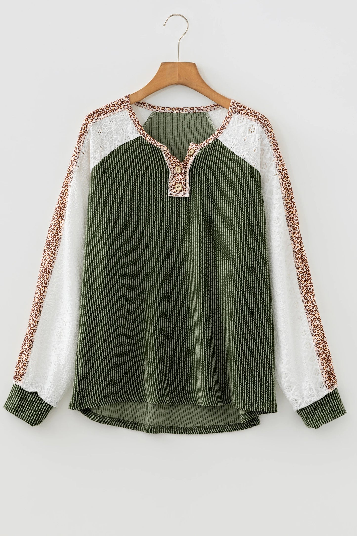 Vineyard Green Twisted Ribbed Leopard Lace Contrast Patchwork Long Sleeve Top