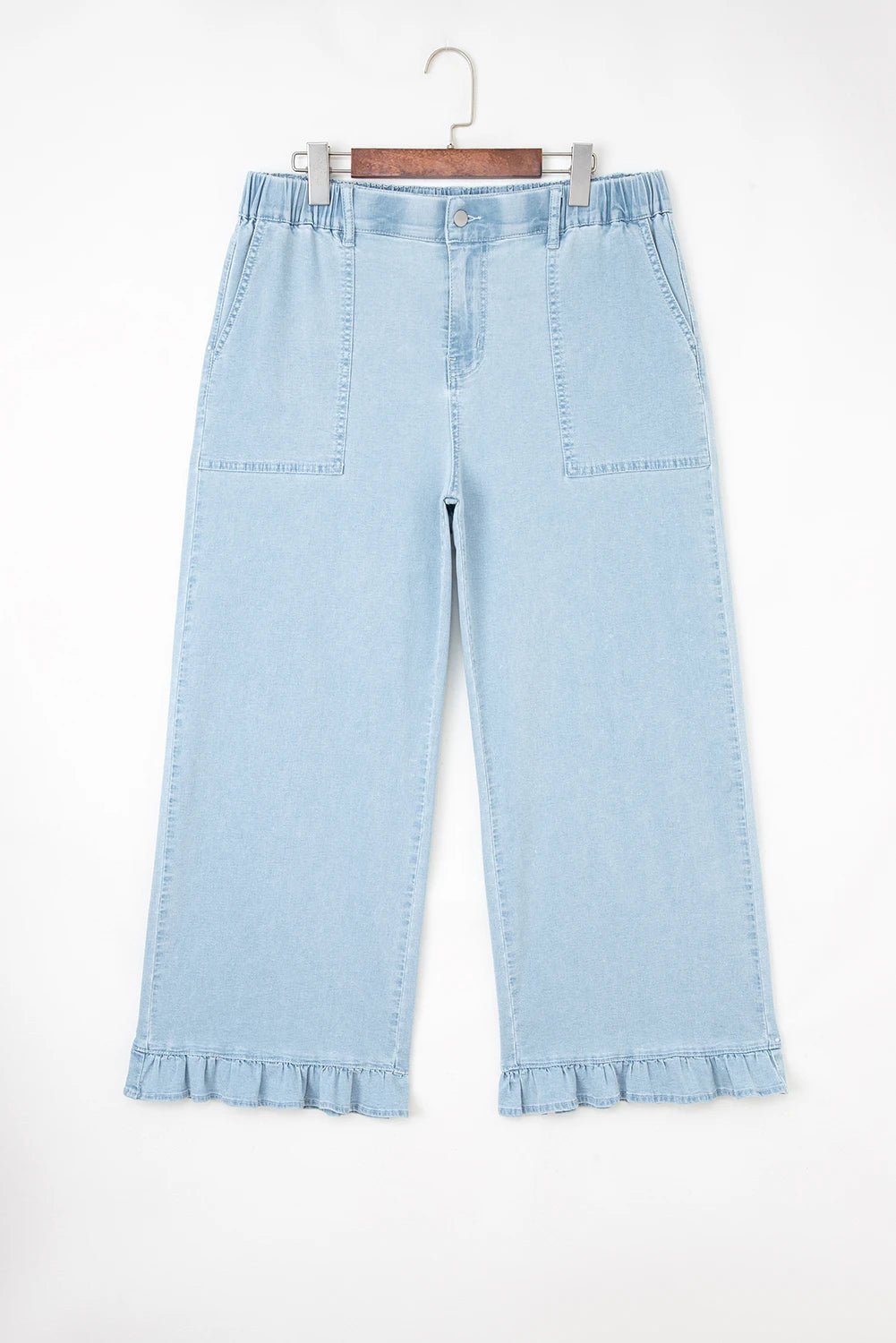 Beau Blue Plus Size Elastic Waist Ruffled Wide Leg Denim Pants