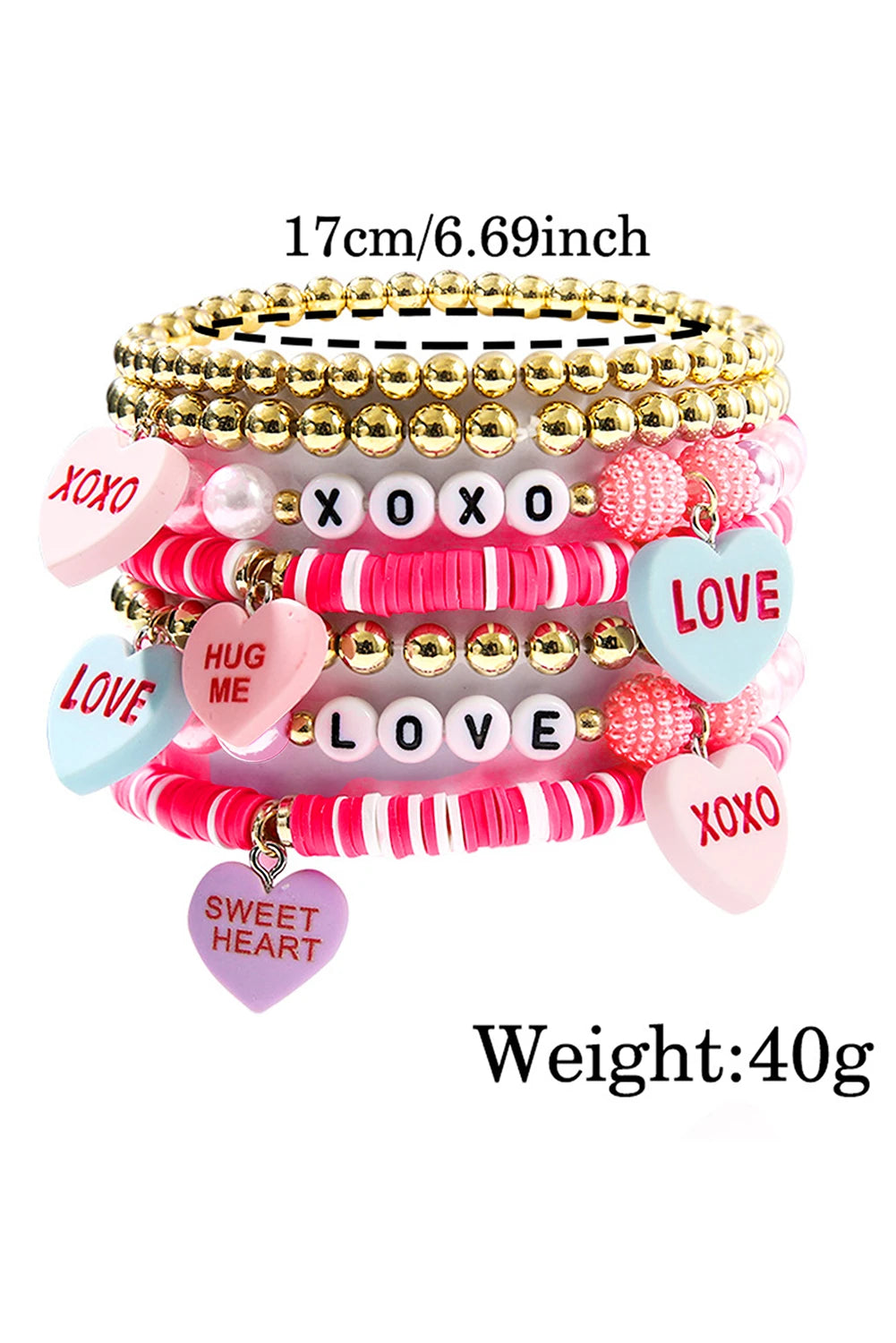 Bonbon Valentine Heart Pendant Beaded Elastic Bracelet Set