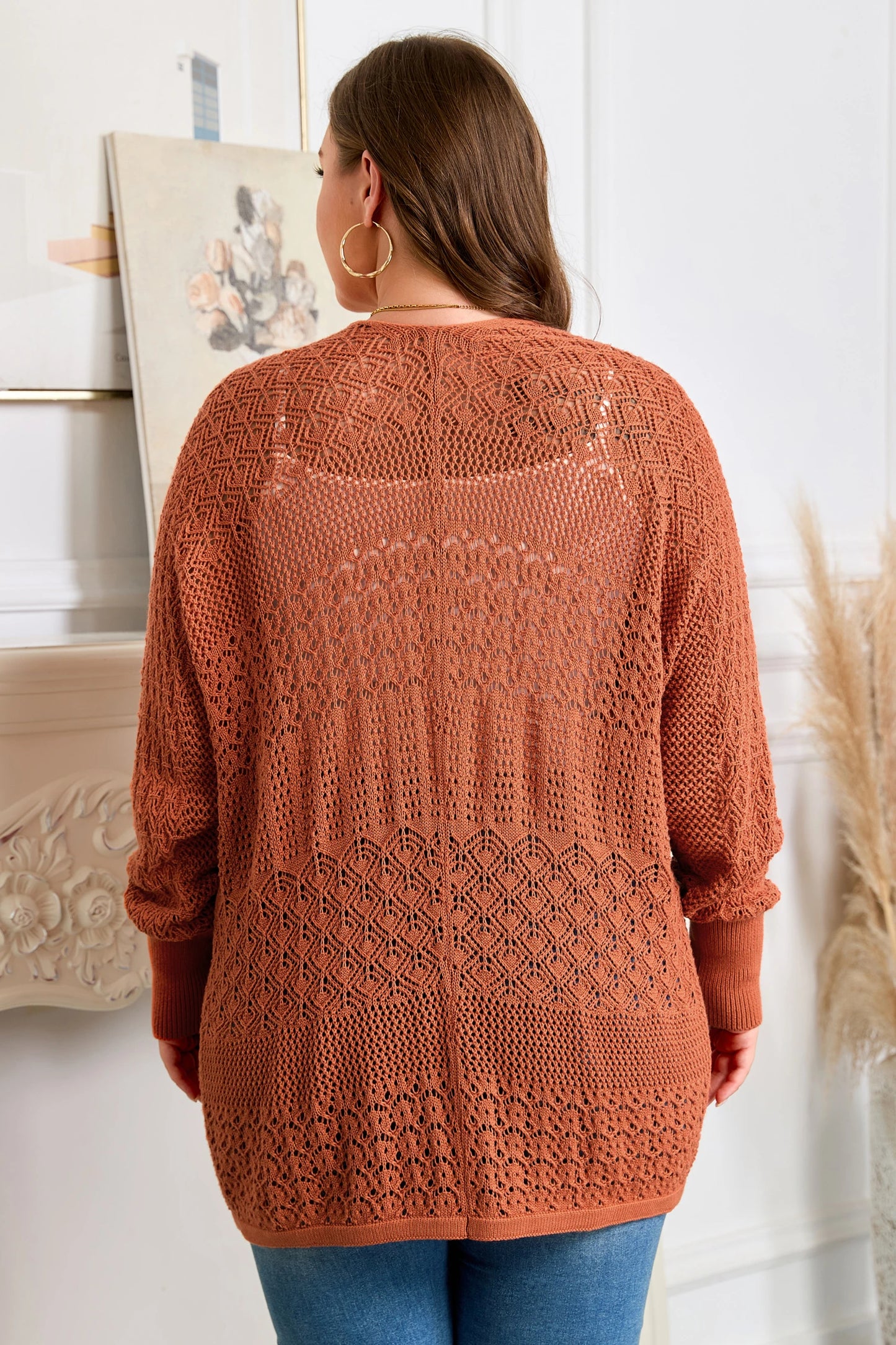 Redwood Burl Mixed Pattern Knitted Open Front Plus Cardigan